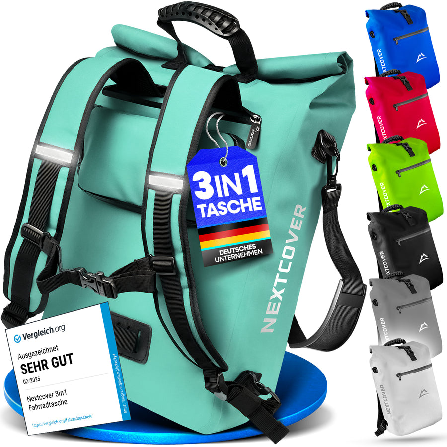 Wasserdichte 3-in-1 TPU Fahrradtasche von Nextcover mit Rucksackfunktion, Tragegriff und vielseitiger Befestigung – in 7 Farben erhältlich, ideal für Pendler, Touren und Outdoor-Abenteuer.