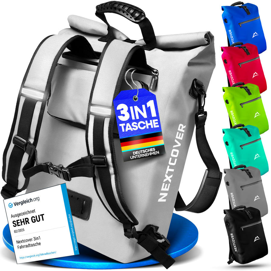 Wasserdichte 3-in-1 TPU Fahrradtasche von Nextcover mit Rucksackfunktion, Tragegriff und vielseitiger Befestigung – in 7 Farben erhältlich, ideal für Pendler, Touren und Outdoor-Abenteuer.