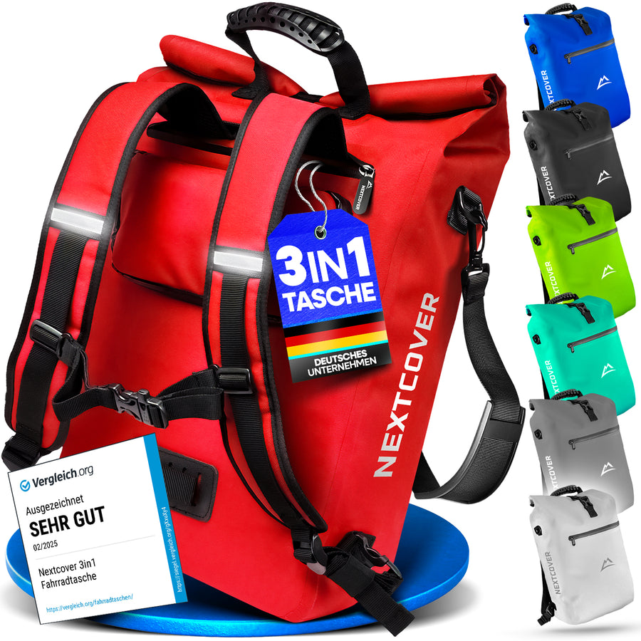 Wasserdichte 3-in-1 TPU Fahrradtasche von Nextcover mit Rucksackfunktion, Tragegriff und vielseitiger Befestigung – in 7 Farben erhältlich, ideal für Pendler, Touren und Outdoor-Abenteuer.