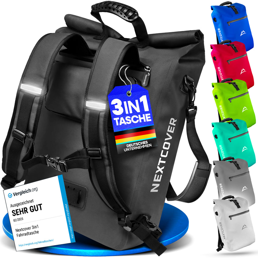 Wasserdichte 3-in-1 TPU Fahrradtasche von Nextcover mit Rucksackfunktion, Tragegriff und vielseitiger Befestigung – in 7 Farben erhältlich, ideal für Pendler, Touren und Outdoor-Abenteuer.