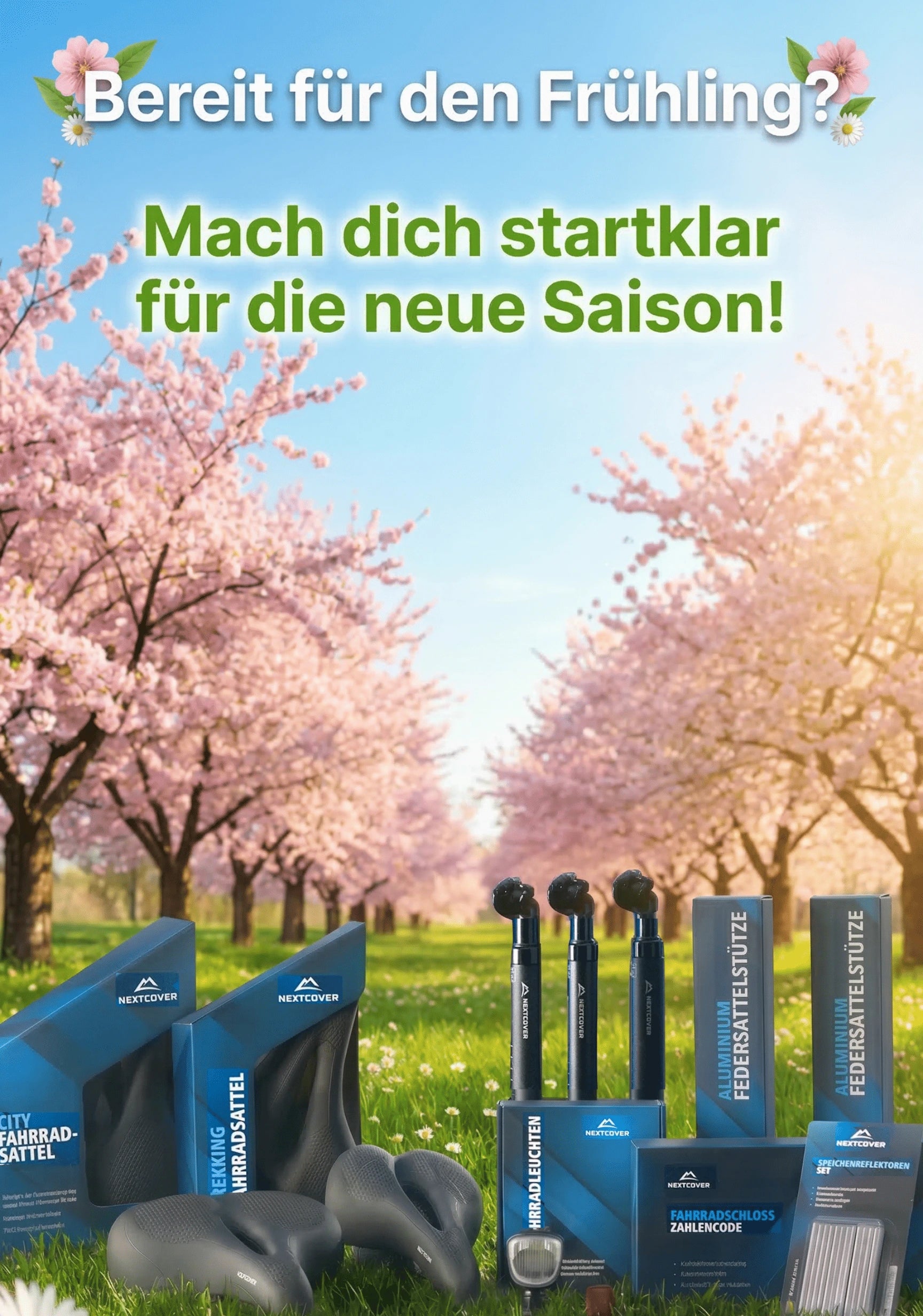 Nextcover Frühlings-Saison. Perfektes Fahrradzubehör für den Winter, darunter Fahrradsättel, Federsattelstützen, Beleuchtung und Schlösser.