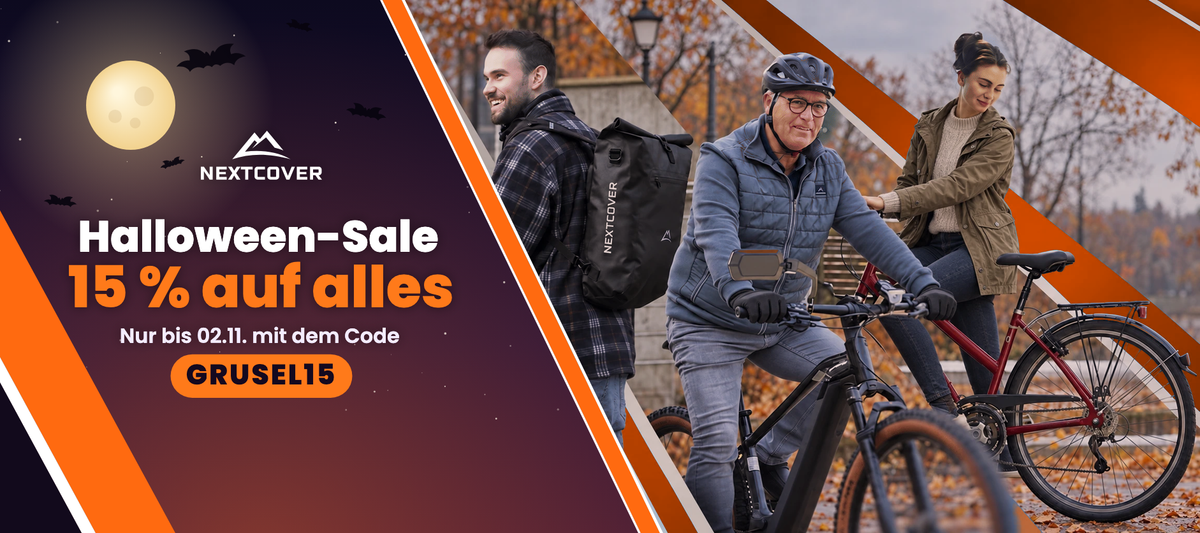 Nextcover Halloween-Sale: 15 % auf alles mit dem Code GRUSEL15 bis 02.11., Radfahrer im Herbst mit Fahrradrucksack und Handschuhen