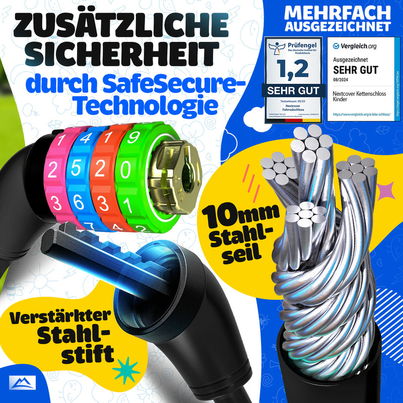 Nextcover Kinder Fahrradschloss mit sicherer SafeSecure-Technologie, verstärktem Stahlstift und 10 mm Stahlseil – robustes Zahlenschloss für Kinderfahrräder, mehrfach ausgezeichnet mit Note 1,2 „Sehr gut“ für maximale Sicherheit und Stabilität.