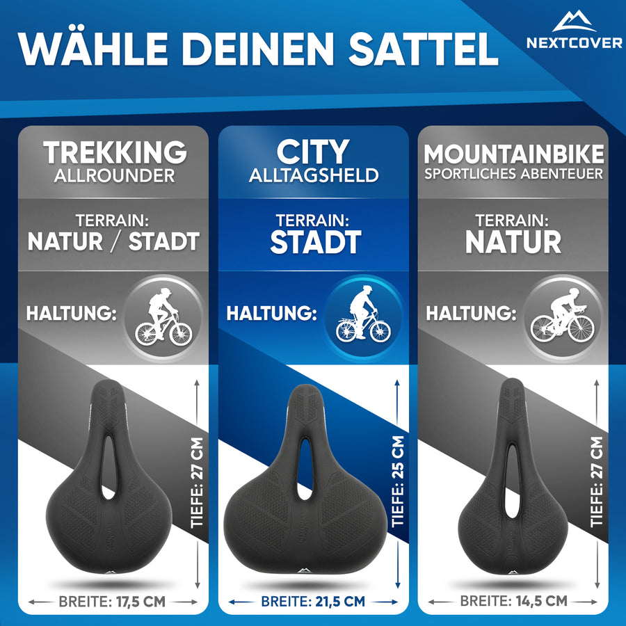 Nextcover Fahrradsattel-Größenvergleich (Trekking, City und Mountainbike) mit jeweils optimaler Breite und Tiefe für Natur-, Stadt- und Offroad-Strecken sowie bequemer Sitzhaltung.