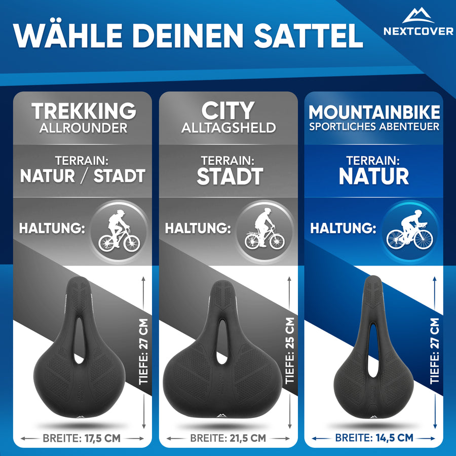 Nextcover Fahrradsattel-Größenvergleich (Trekking, City und Mountainbike) mit jeweils optimaler Breite und Tiefe für Natur-, Stadt- und Offroad-Strecken sowie bequemer Sitzhaltung.