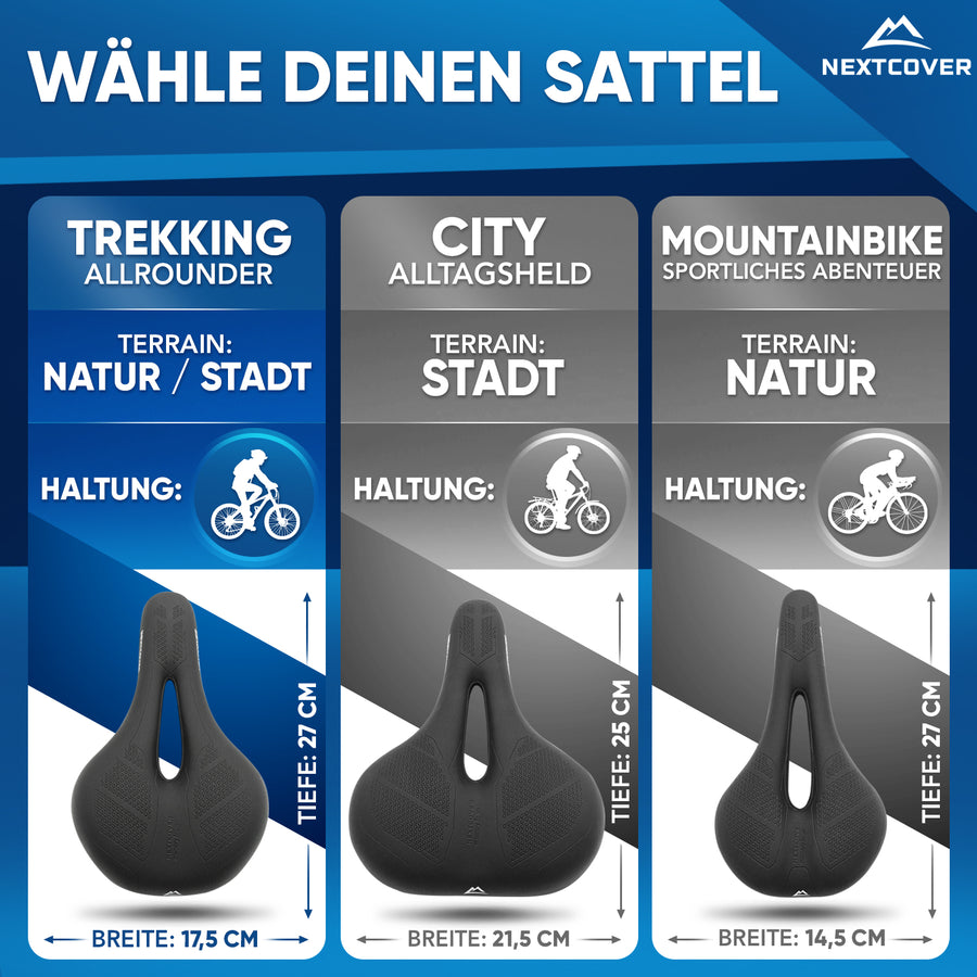 Nextcover Fahrradsattel-Größenvergleich (Trekking, City und Mountainbike) mit jeweils optimaler Breite und Tiefe für Natur-, Stadt- und Offroad-Strecken sowie bequemer Sitzhaltung.