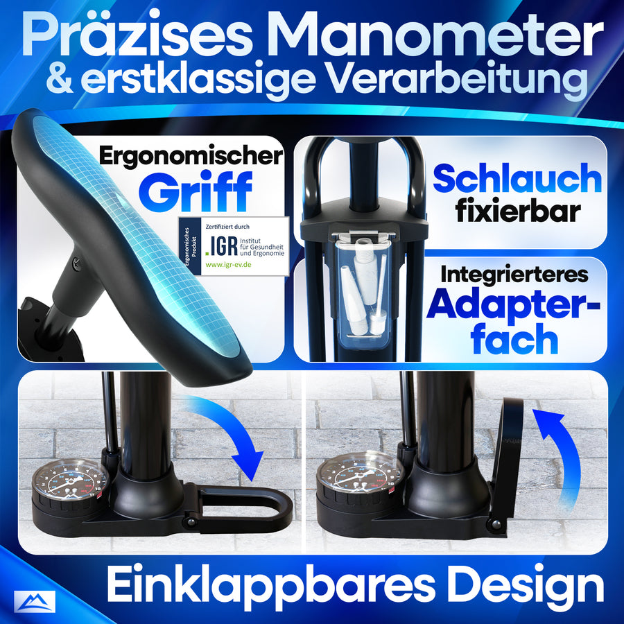 AirOne Fahrradpumpe mit präzisem Manometer, ergonomischem Griff, einklappbarem Design, fixierbarem Schlauch und integriertem Adapterfach – ideal für komfortables und platzsparendes Aufpumpen.