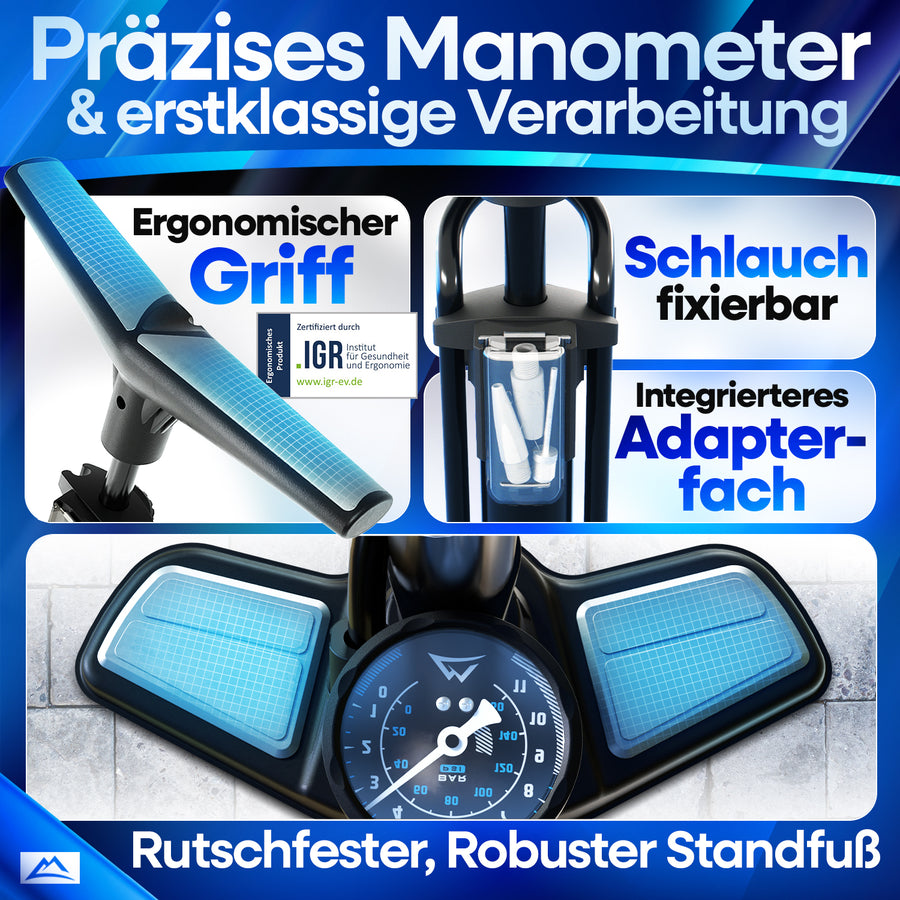 Nextcover AirPro Fahrradpumpe mit präzisem Manometer, ergonomischem Griff, integriertem Adapterfach und rutschfestem Standfuß – hochwertige Standpumpe für maximale Kontrolle beim Aufpumpen.