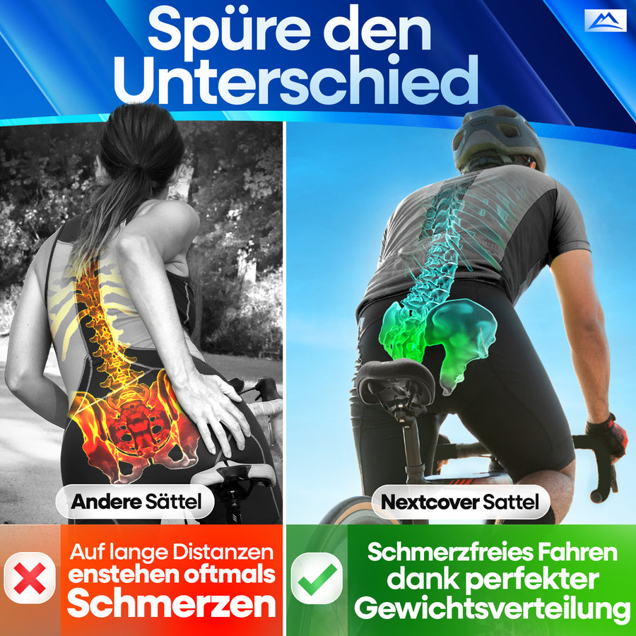 Nextcover ComfortOne Fahrradsattel im Vergleich – schmerzfreies Radfahren durch optimale Druckverteilung und ergonomischen Sitzkomfort, ideal für lange Strecken.