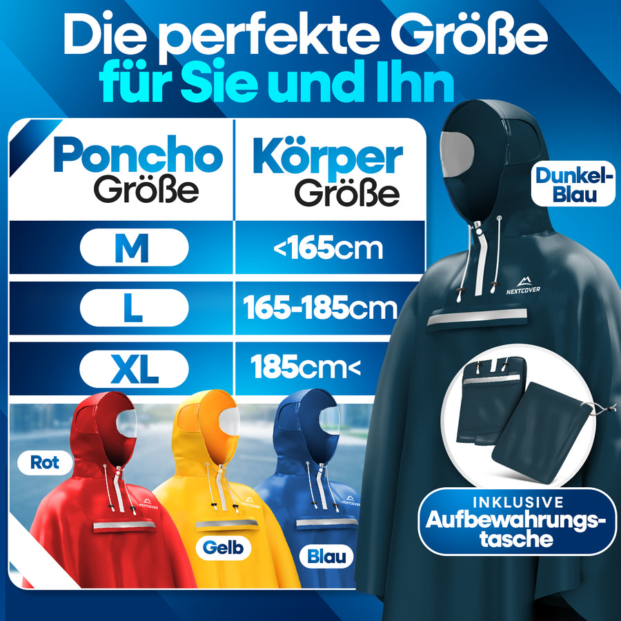 Nextcover Regenponcho-Größentabelle (M, L, XL) für Damen und Herren mit passender Aufbewahrungstasche, erhältlich in Gelb, Rot, Blau und Dunkelblau für Körpergrößen unter 165 cm bis über 185 cm.