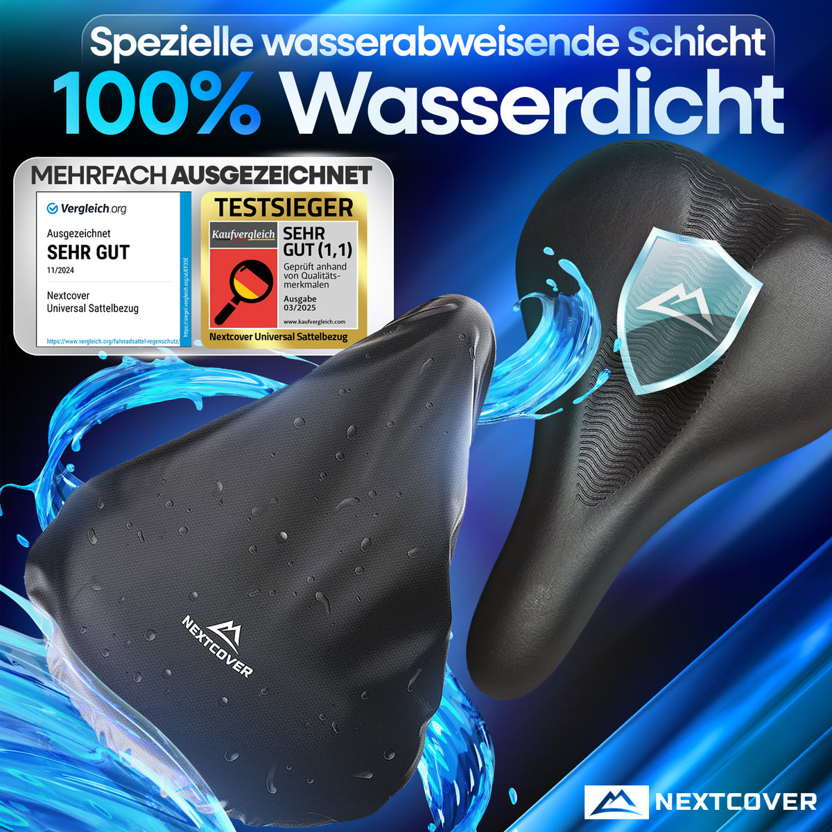 Nextcover Sattelüberzug mit spezieller wasserabweisender Schicht, 100 % wasserdicht, mehrfach ausgezeichnet (z. B. „Sehr Gut“) und nominiert für den Innovationspreis Ergonomie 2025.