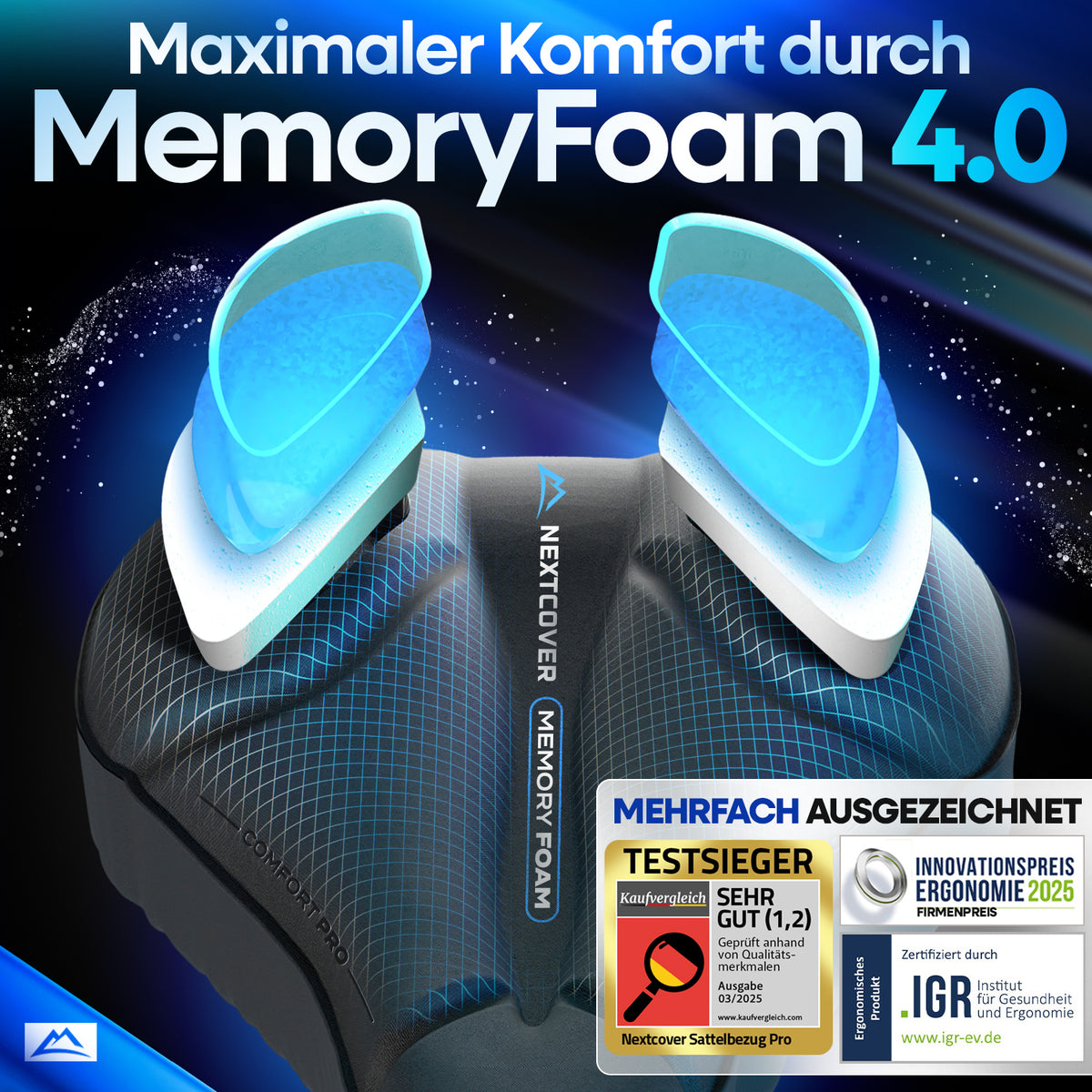 Nextcover ComfortPro Sattel mit MemoryFoam 4.0 – mehrfach ausgezeichnet für ergonomisches Design und zertifiziert durch das IGR Institut, bietet maximalen Sitzkomfort auf jeder Fahrradtour.