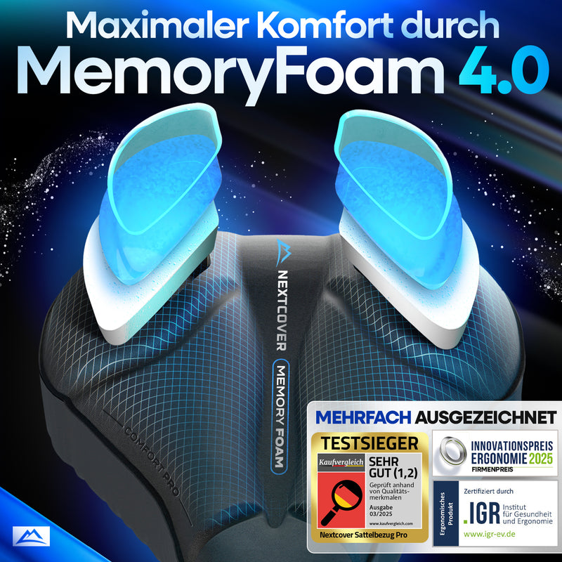 Nextcover ComfortPro Sattel mit MemoryFoam 4.0 – mehrfach ausgezeichnet für ergonomisches Design und zertifiziert durch das IGR Institut, bietet maximalen Sitzkomfort auf jeder Fahrradtour.