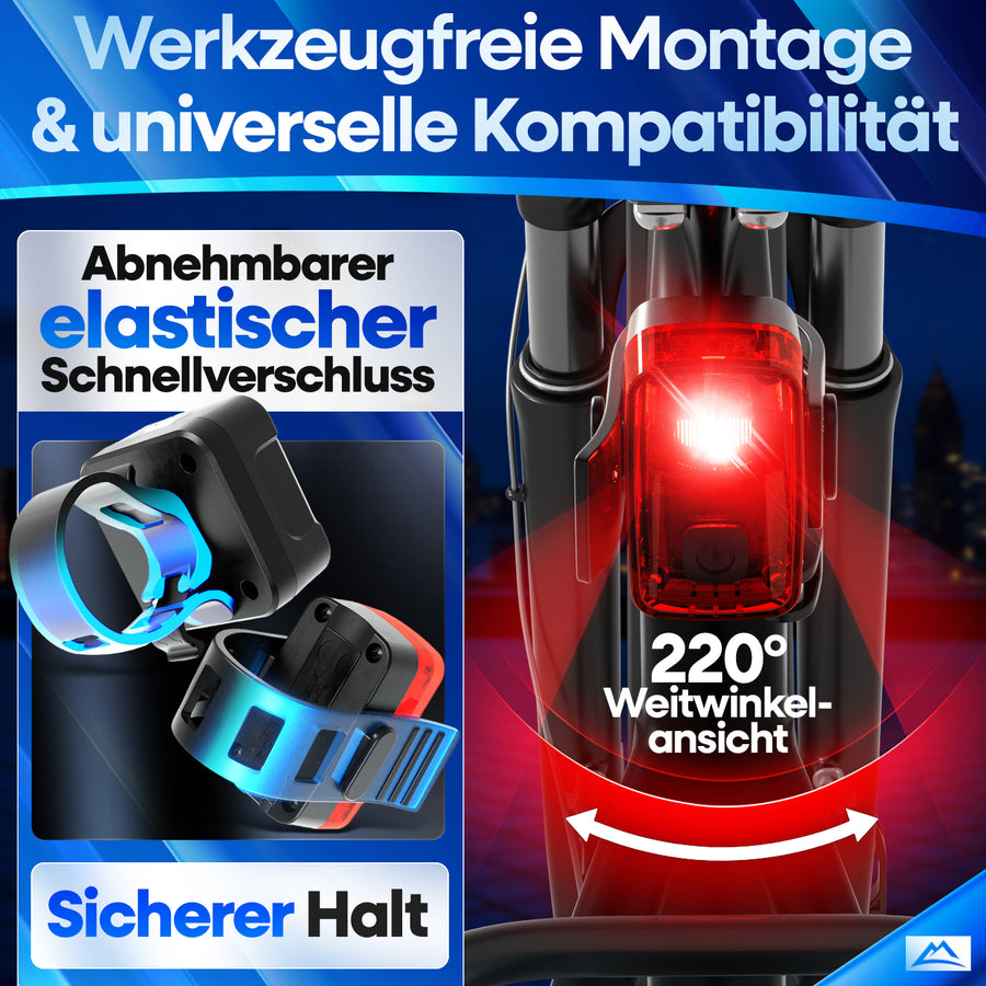 VisionOne Fahrradlicht-Set mit 220° Weitwinkel-Rücklicht, elastischem Schnellverschluss und werkzeugfreier Montage – optimale Sichtbarkeit und universelle Kompatibilität für jedes Fahrrad.