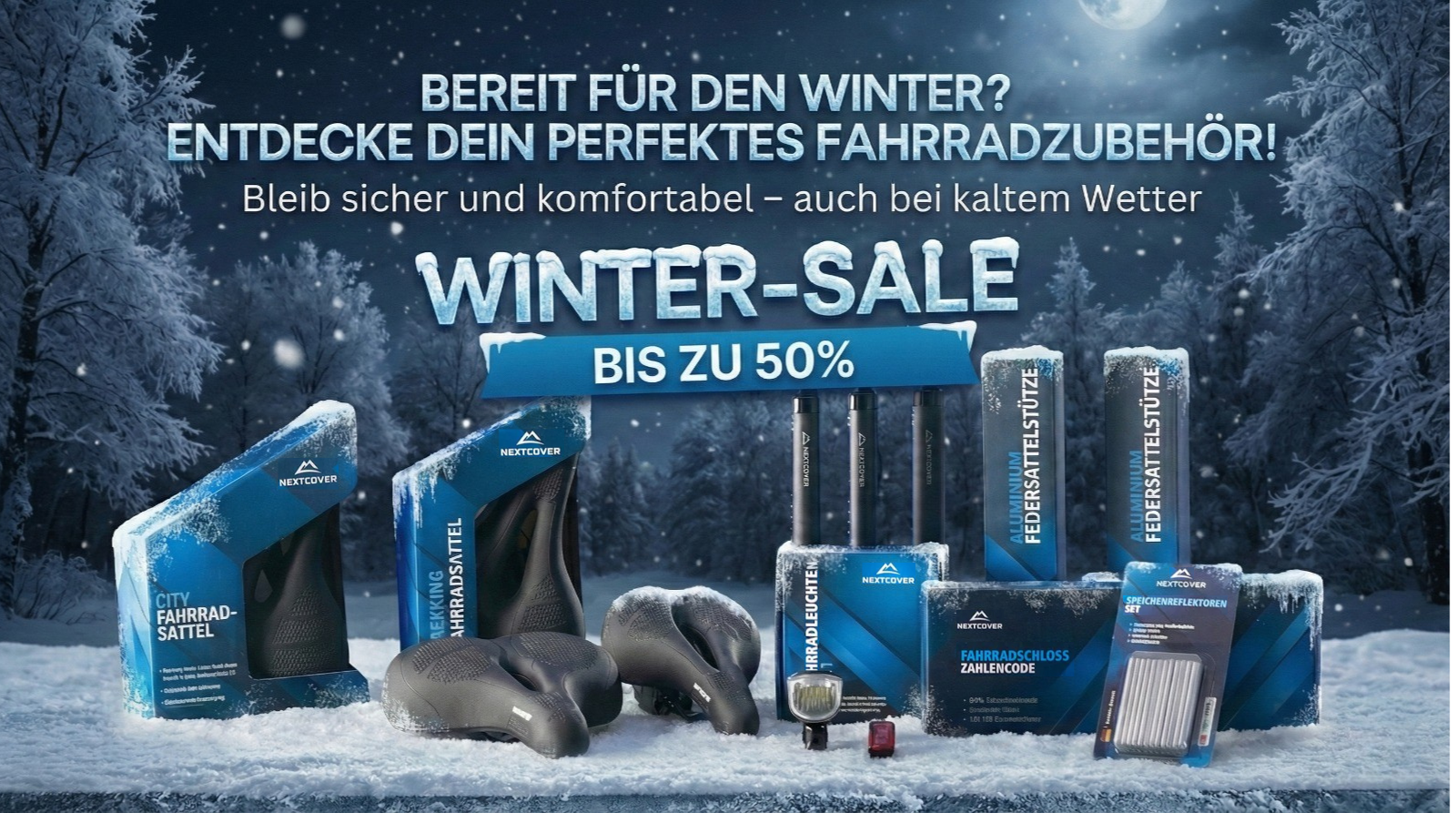 Nextcover Winter-Sale: Bis zu 50% Rabatt – Perfektes Fahrradzubehör für den Winter, darunter Fahrradsättel, Federsattelstützen, Beleuchtung und Schlösser.