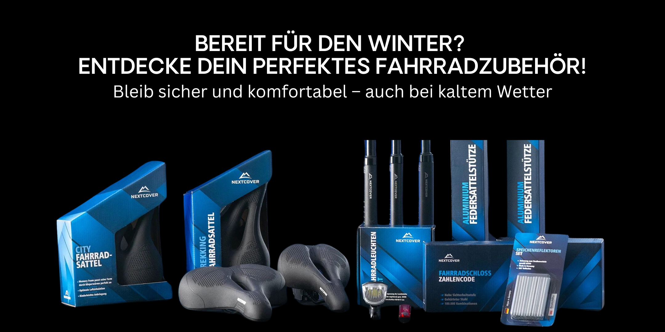 Nextcover Fahrradzubehör mit Sätteln, Federsattelstützen, Zahlenschloss und Reflektoren für sicheres Winter-Radfahren