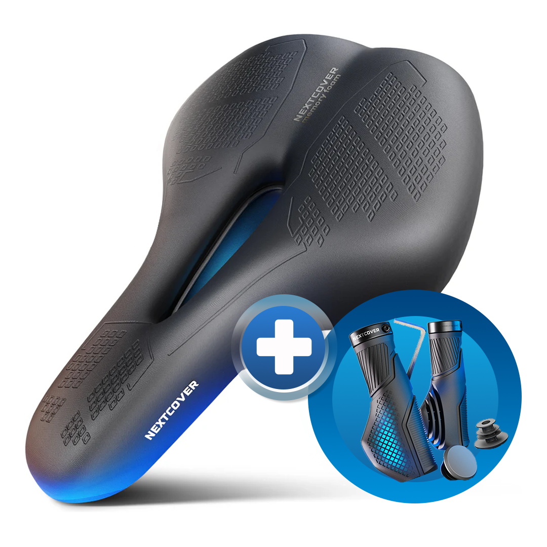 Bundle aus Nextcover ComfortOne Fahrradsattel mit ergonomischem Memory-Foam und stoßdämpfenden ComfortGrip Fahrradgriffen für maximalen Komfort und sicheren Halt beim Radfahren.