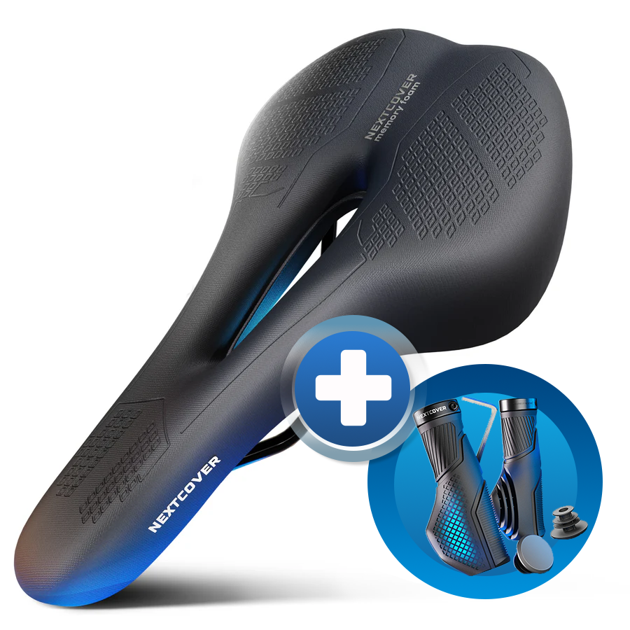 Bundle aus Nextcover ComfortOne Fahrradsattel mit ergonomischem Memory-Foam und stoßdämpfenden ComfortGrip Fahrradgriffen für maximalen Komfort und sicheren Halt beim Radfahren.