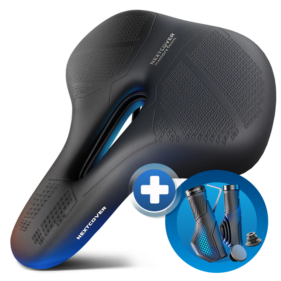 Bundle aus Nextcover ComfortOne Fahrradsattel mit ergonomischem Memory-Foam und stoßdämpfenden ComfortGrip Fahrradgriffen für maximalen Komfort und sicheren Halt beim Radfahren.