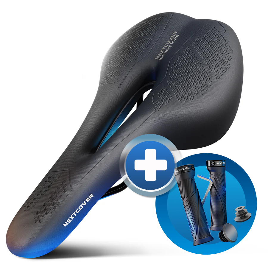 Bundle aus Nextcover ComfortOne Fahrradsattel mit ergonomischem Memory-Foam und stoßdämpfenden ComfortGrip Fahrradgriffen für maximalen Komfort und sicheren Halt beim Radfahren.