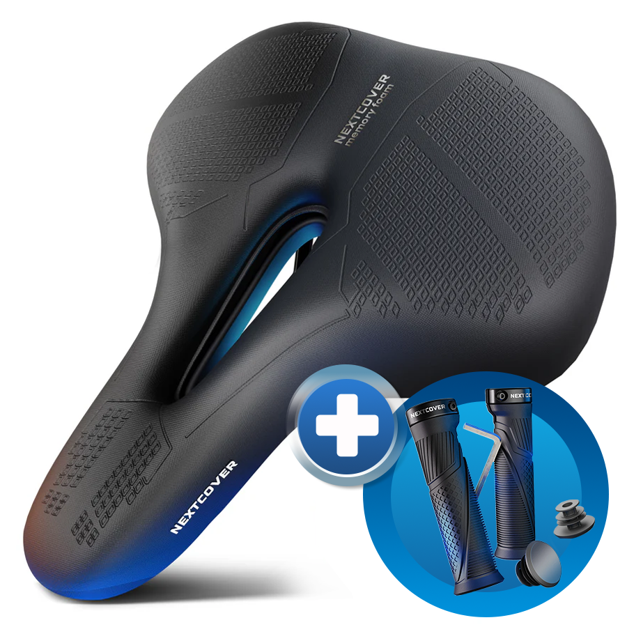 Bundle aus Nextcover ComfortOne Fahrradsattel mit ergonomischem Memory-Foam und stoßdämpfenden ComfortGrip Fahrradgriffen für maximalen Komfort und sicheren Halt beim Radfahren.