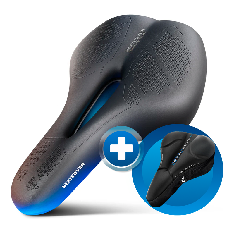 Nextcover ComfortOne Fahrradsattel mit ergonomischer Aussparung im Bundle mit dem extra gepolsterten CoverPro Sattelbezug – maximaler Sitzkomfort für lange Strecken und optimaler Schutz bei jedem Wetter.