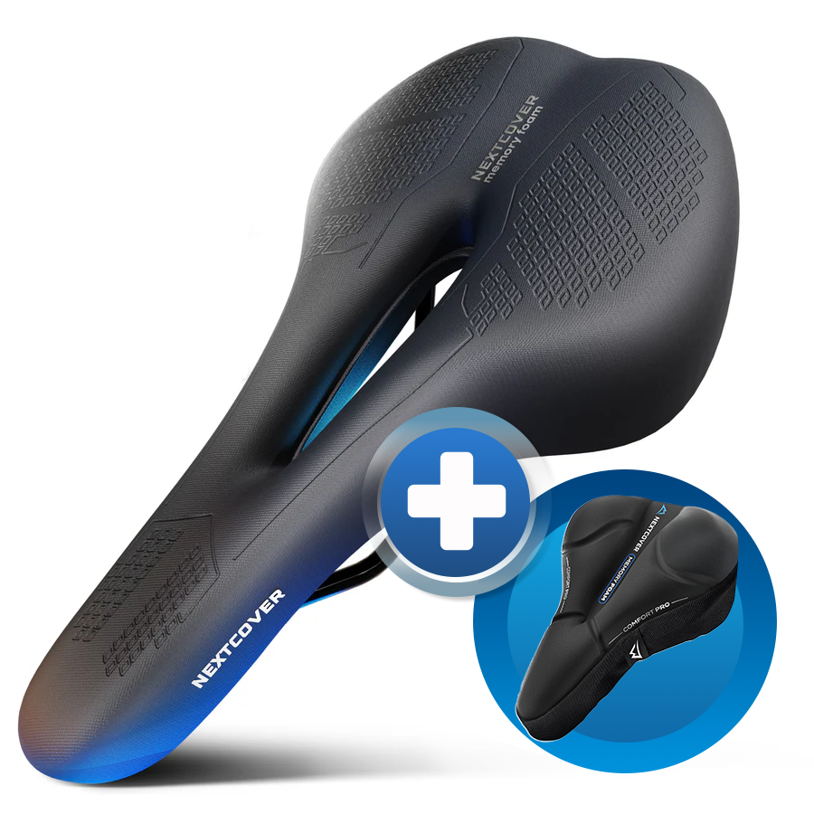 Nextcover ComfortOne Fahrradsattel mit ergonomischer Aussparung im Bundle mit dem extra gepolsterten CoverPro Sattelbezug – maximaler Sitzkomfort für lange Strecken und optimaler Schutz bei jedem Wetter.