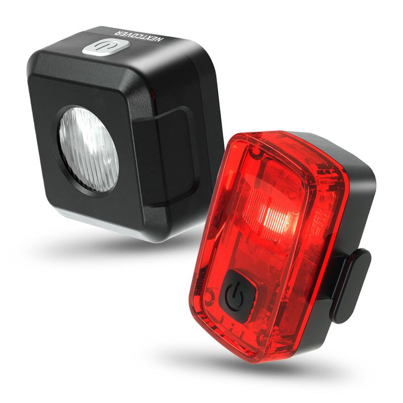 Hochwertiges VisionOne Fahrradlicht-Set von Nextcover mit LED-Front- und Rücklicht, ideal für sicheres Radfahren bei Dunkelheit, kompakt, wiederaufladbar und StVZO-konform.