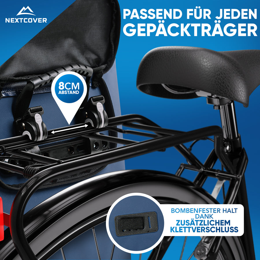 Nextcover Fahrradtasche mit verstellbarer Aufhängung (8 cm Abstand) und zusätzlichem Klettverschluss, passend für jeden Gepäckträger und sicheren Halt beim Fahren.