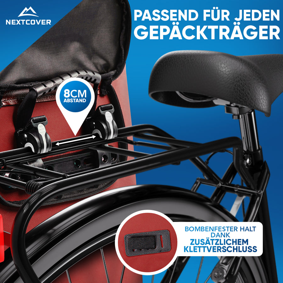 Nextcover Fahrradtasche mit verstellbarer Aufhängung (8 cm Abstand) und zusätzlichem Klettverschluss, passend für jeden Gepäckträger und sicheren Halt beim Fahren.
