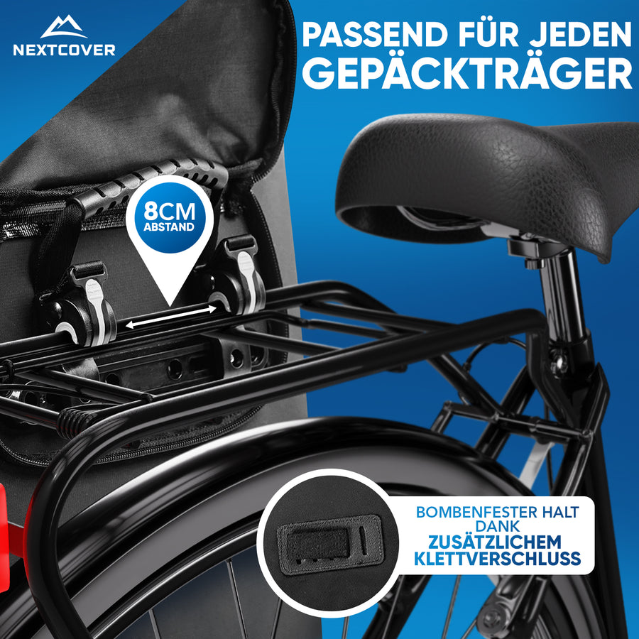 Nextcover Fahrradtasche mit verstellbarer Aufhängung (8 cm Abstand) und zusätzlichem Klettverschluss, passend für jeden Gepäckträger und sicheren Halt beim Fahren.