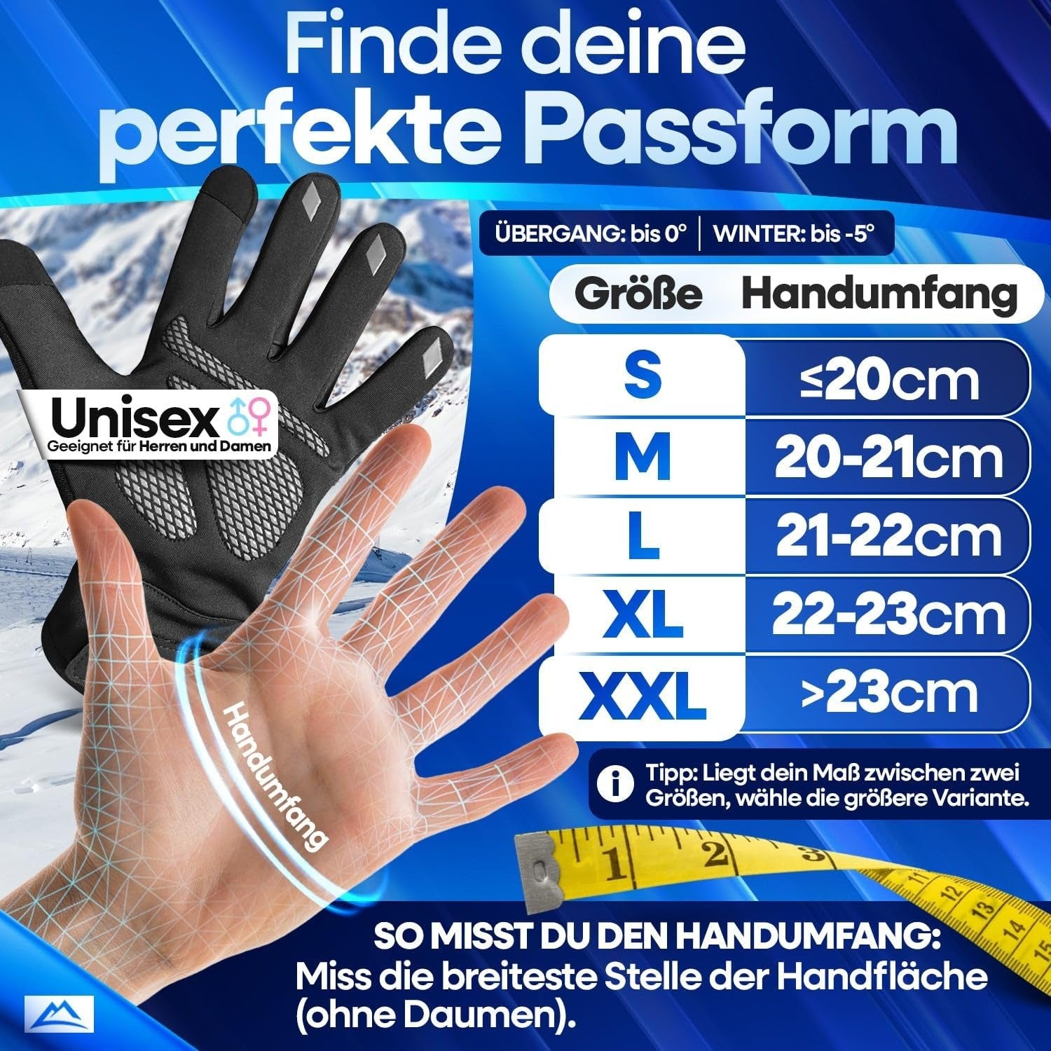 Größentabelle für Nextcover Fahrradhandschuhe
