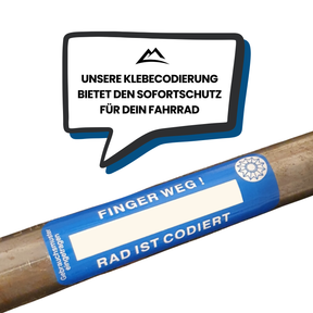 Nextcover Fahrrad-Klebecodierung auf dem Rahmen mit deutlichem Warnhinweis „Finger weg! Rad ist codiert“ – bietet sofortigen Diebstahlschutz und eindeutige Identifizierung