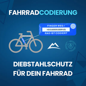 Nextcover Fahrradcodierung mit eindeutiger Klebecodierung (z. B. HEI01600091009FH25), Warnhinweis „Finger weg! Rad ist codiert“ und zusätzlichem Diebstahlschutz für Dein Fahrrad