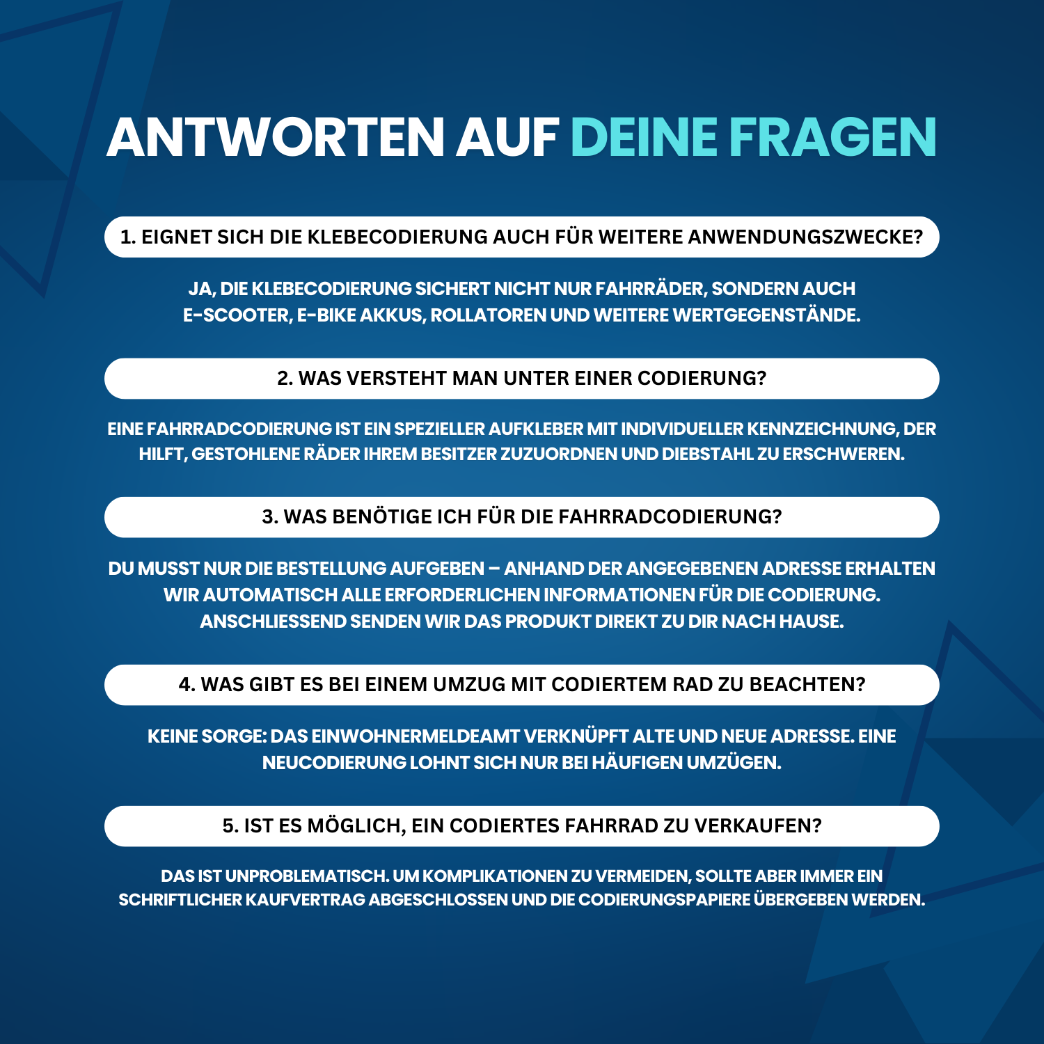 Nextcover Infografik mit Antworten auf häufige Fragen zur Klebecodierung: Anwendungsbereiche (Fahrräder, E‑Scooter, Akkus, Rollatoren), Funktionsweise, benötigte Unterlagen, Umzugshinweise und Verkauf codierter Räder.