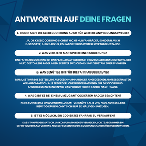 Nextcover Infografik mit Antworten auf häufige Fragen zur Klebecodierung: Anwendungsbereiche (Fahrräder, E‑Scooter, Akkus, Rollatoren), Funktionsweise, benötigte Unterlagen, Umzugshinweise und Verkauf codierter Räder.
