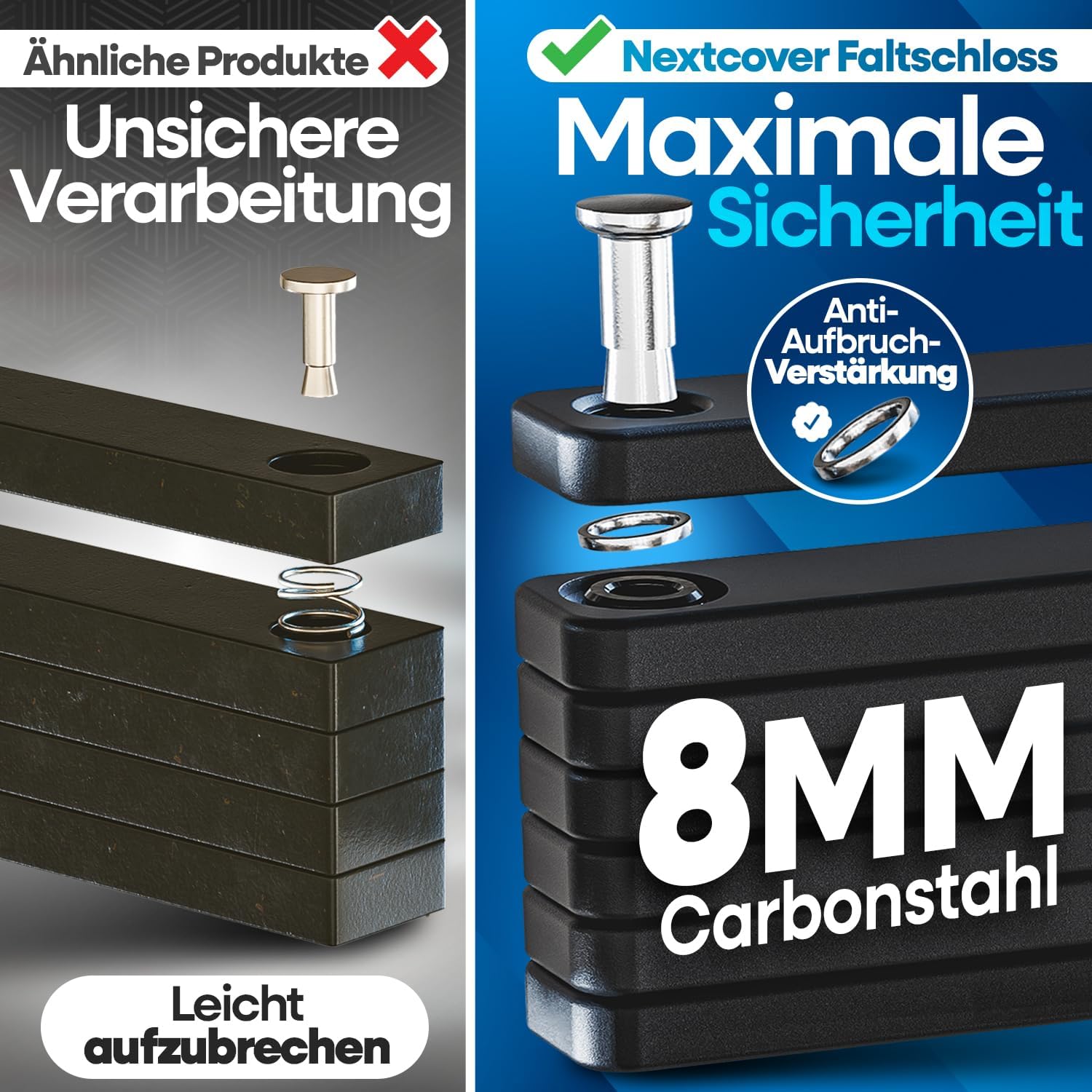 
Vergleich eines unsicheren Faltschlosses (leichte Aufbruchgefahr) mit dem Nextcover Faltschloss aus 8 mm Carbonstahl und Anti-Aufbruch-Verstärkung für maximale Sicherhe