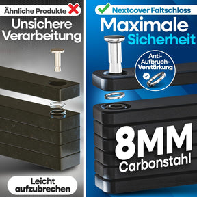 
Vergleich eines unsicheren Faltschlosses (leichte Aufbruchgefahr) mit dem Nextcover Faltschloss aus 8 mm Carbonstahl und Anti-Aufbruch-Verstärkung für maximale Sicherhe