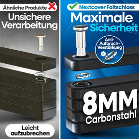 Vergleich eines unsicheren Faltschlosses (leichte Aufbruchgefahr) mit dem Nextcover Faltschloss aus 8 mm Carbonstahl und Anti-Aufbruch-Verstärkung für maximale Sicherheit.