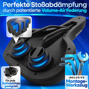 Rückansicht des Nextcover ComfortOne Fahrradsattels mit patentierter Volume-Air Federung für optimale Stoßdämpfung, inklusive Montageset und universeller Kompatibilität mit allen Sattelstützen – ideal für E-Bikes und Cityräder.