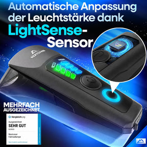 Nextcover LED-Fahrradlicht mit automatischer Leuchtstärke-Anpassung durch LightSense-Sensor und Akkuanzeige für optimale Sicht und Sicherheit.