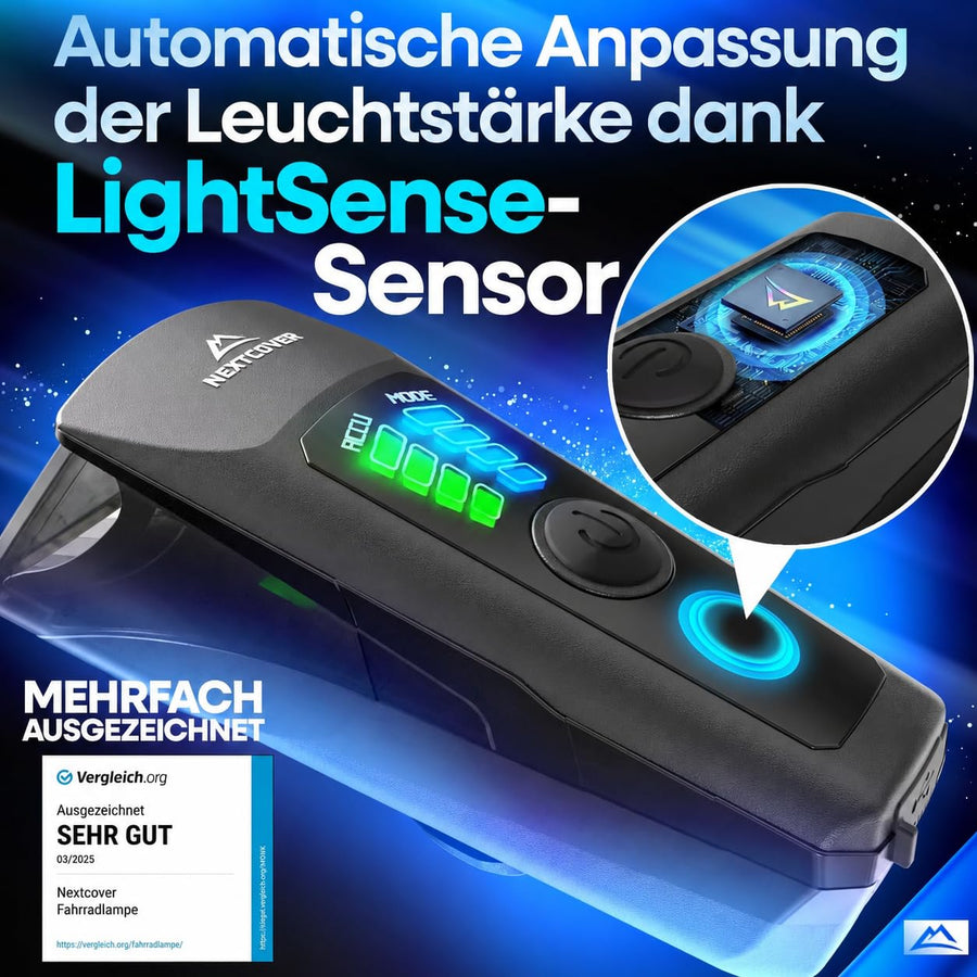 Nextcover LED-Fahrradlicht mit automatischer Leuchtstärke-Anpassung durch LightSense-Sensor und Akkuanzeige für optimale Sicht und Sicherheit.
