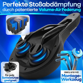 Rückansicht des Nextcover ComfortOne Fahrradsattels mit patentierter Volume-Air Federung für optimale Stoßdämpfung, inklusive Montageset und universeller Kompatibilität mit allen Sattelstützen – ideal für E-Bikes und Cityräder.