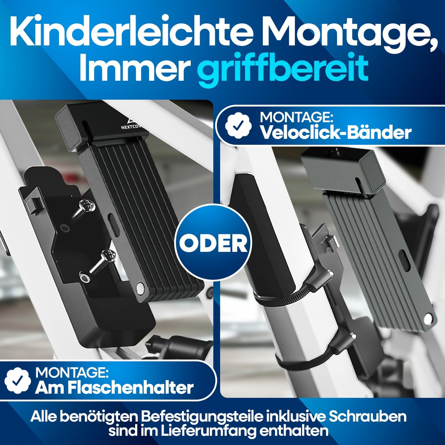 Nextcover Faltschloss mit kinderleichter Montage am Flaschenhalter oder per Veloclick-Bänder, immer griffbereit und inklusive aller Befestigungsteile.