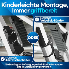 Nextcover Faltschloss mit kinderleichter Montage am Flaschenhalter oder per Veloclick-Bänder, immer griffbereit und inklusive aller Befestigungsteile.