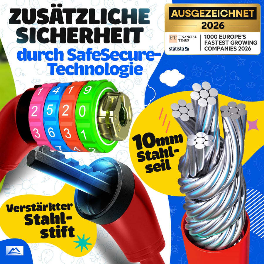 Nextcover Kinder Fahrradschloss mit sicherer SafeSecure-Technologie, verstärktem Stahlstift und 10 mm Stahlseil, robustes Zahlenschloss für Kinderfahrräder für maximale Sicherheit und Stabilität.