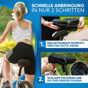 Frau befestigt Nextcover-Fahrradsattelbezug in nur zwei Schritten – Überziehen, Schlaufe anziehen und Bänder fixieren für sicheren Halt.