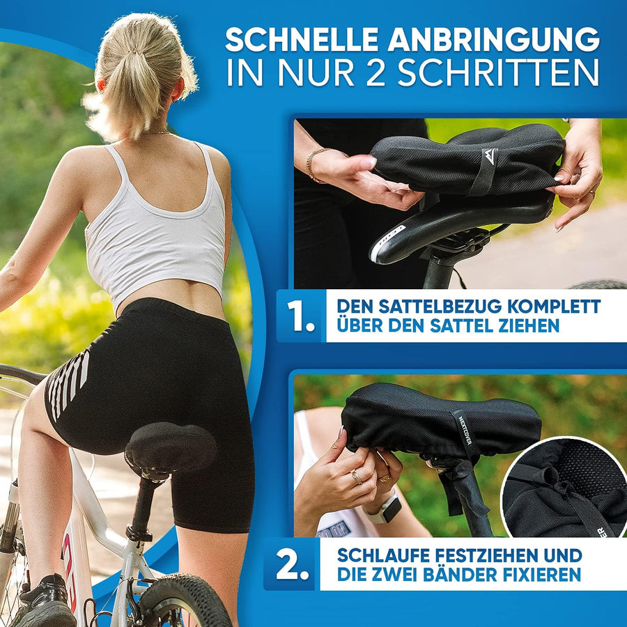 Frau befestigt Nextcover-Fahrradsattelbezug in nur zwei Schritten – Überziehen, Schlaufe anziehen und Bänder fixieren für sicheren Halt.