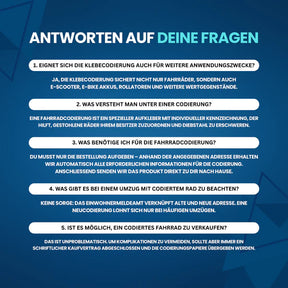 Nextcover Infografik mit Antworten auf häufige Fragen zur Klebecodierung: Anwendungsbereiche (Fahrräder, E‑Scooter, Akkus, Rollatoren), Funktionsweise, benötigte Unterlagen, Umzugshinweise und Verkauf codierter Räder.