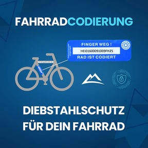 Nextcover Fahrradcodierung mit eindeutiger Klebecodierung (z. B. HEI01600091009FH25), Warnhinweis „Finger weg! Rad ist codiert“ und zusätzlichem Diebstahlschutz für Dein Fahrrad
